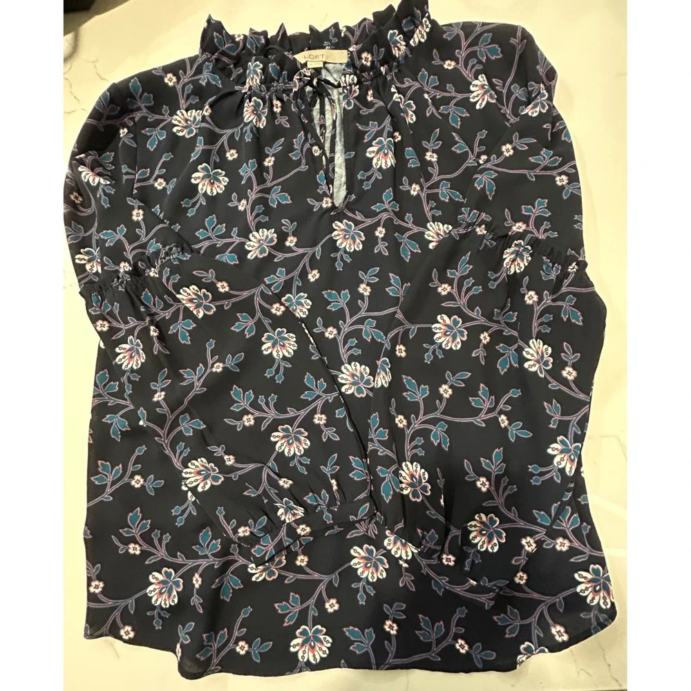 LOFT Navy Blue Floral Ruffle‎ Split Neck Long Sleeve Blouse XS Navy Pink Teal